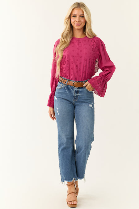 Fuchsia Eyelet Lace Long Sleeve Top with Tie Back