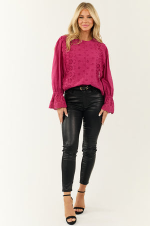 Fuchsia Eyelet Lace Long Sleeve Top with Tie Back