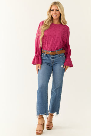 Fuchsia Eyelet Lace Long Sleeve Top with Tie Back