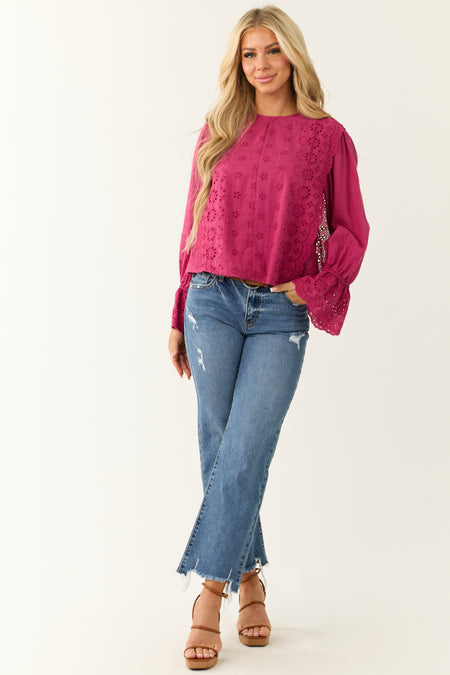 Fuchsia Eyelet Lace Long Sleeve Top with Tie Back