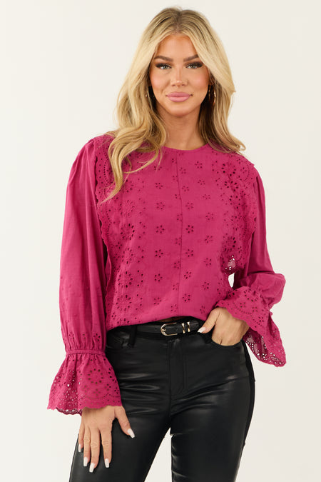 Fuchsia Eyelet Lace Long Sleeve Top with Tie Back