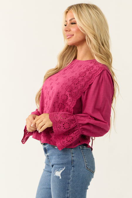 Fuchsia Eyelet Lace Long Sleeve Top with Tie Back