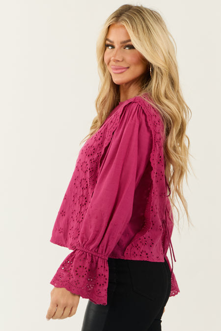 Fuchsia Eyelet Lace Long Sleeve Top with Tie Back