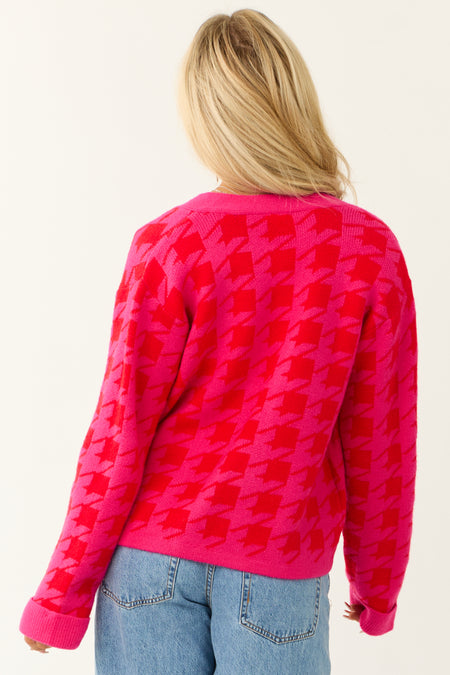 Fuchsia Houndstooth Long Sleeve Cardigan