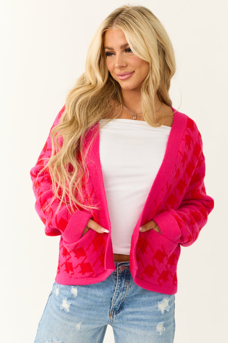 Fuchsia Houndstooth Long Sleeve Cardigan