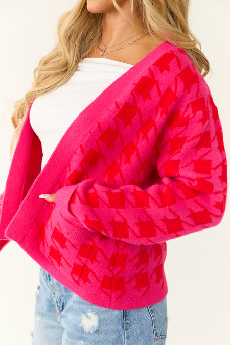 Fuchsia Houndstooth Long Sleeve Cardigan