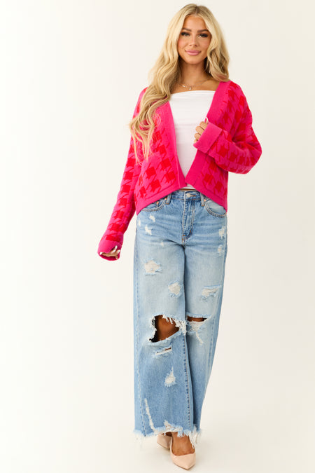 Fuchsia Houndstooth Long Sleeve Cardigan