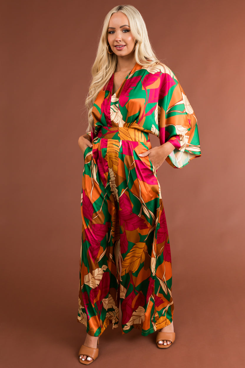 Flying Tomato Fuchsia Leaf Print Satin Jumpsuit