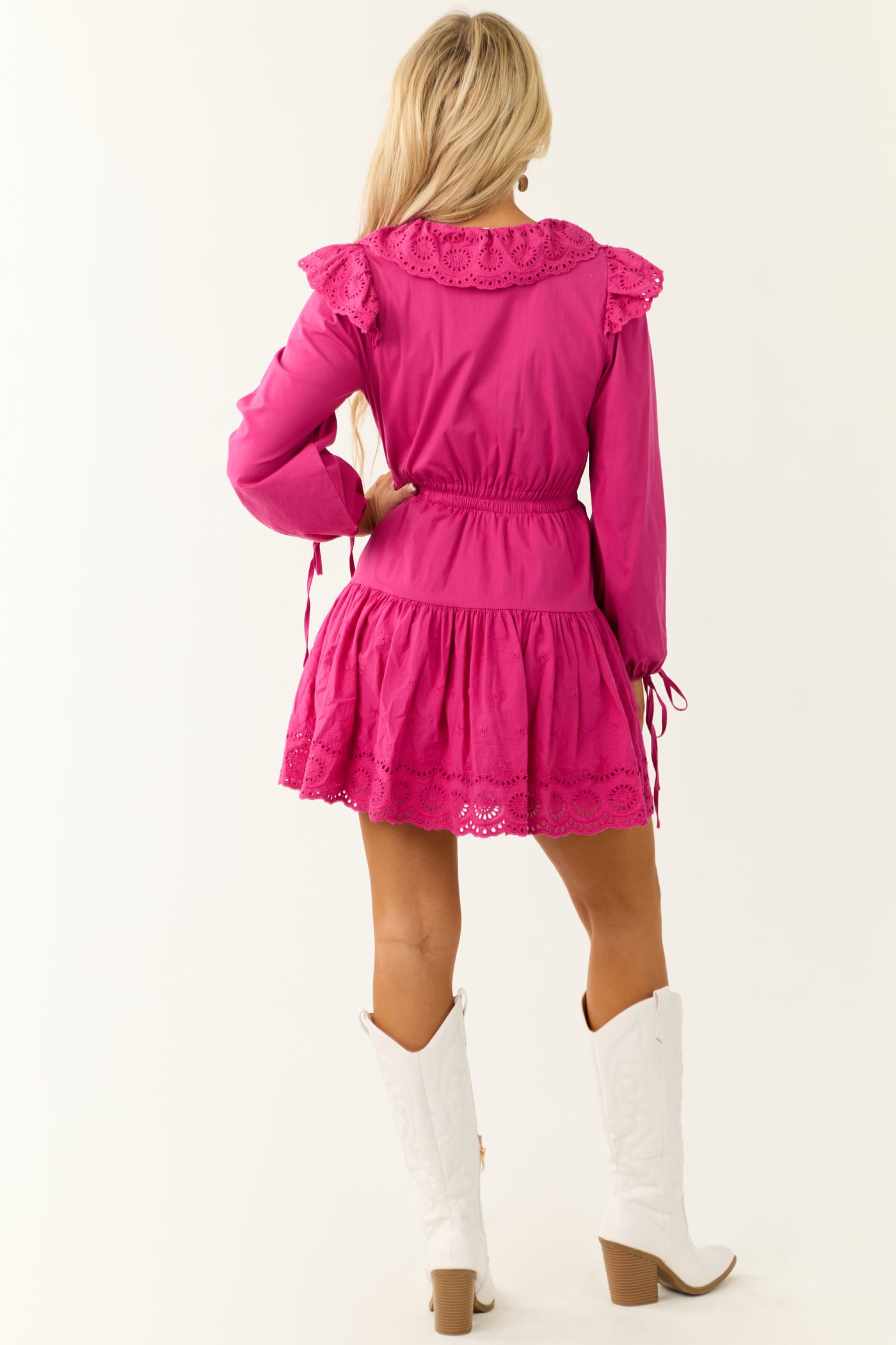 Fuchsia Long Sleeve Eyelet Detail Mini Dress