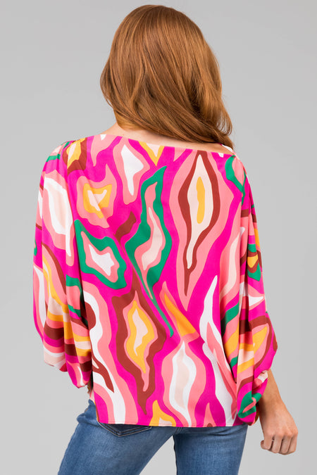 Fuchsia Multicolor Abstract Dolman Sleeve Blouse