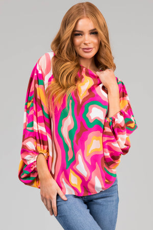 Fuchsia Multicolor Abstract Dolman Sleeve Blouse