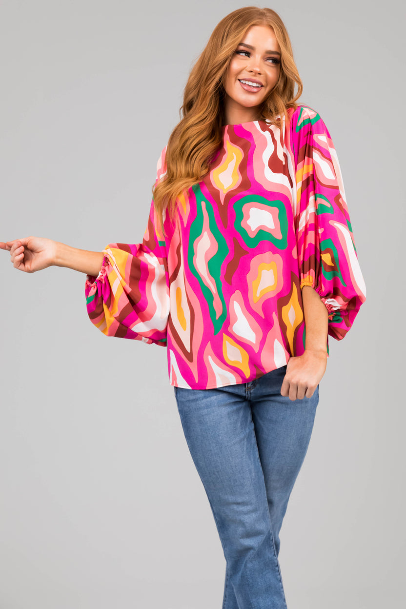 Fuchsia Multicolor Abstract Dolman Sleeve Blouse