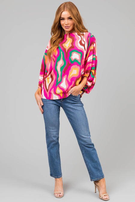 Fuchsia Multicolor Abstract Dolman Sleeve Blouse