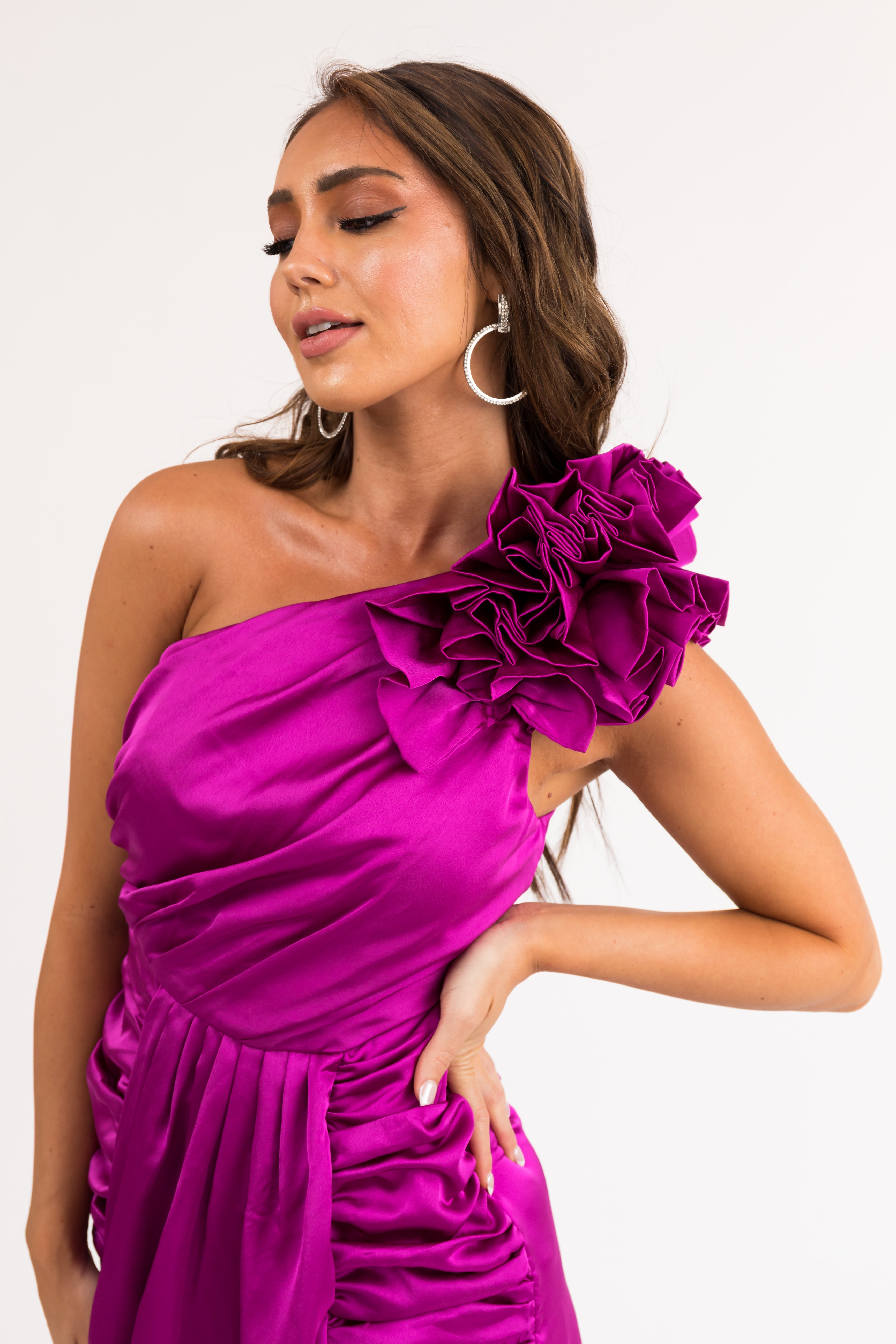 Fuchsia One Shoulder Asymmetrical Midi Dress