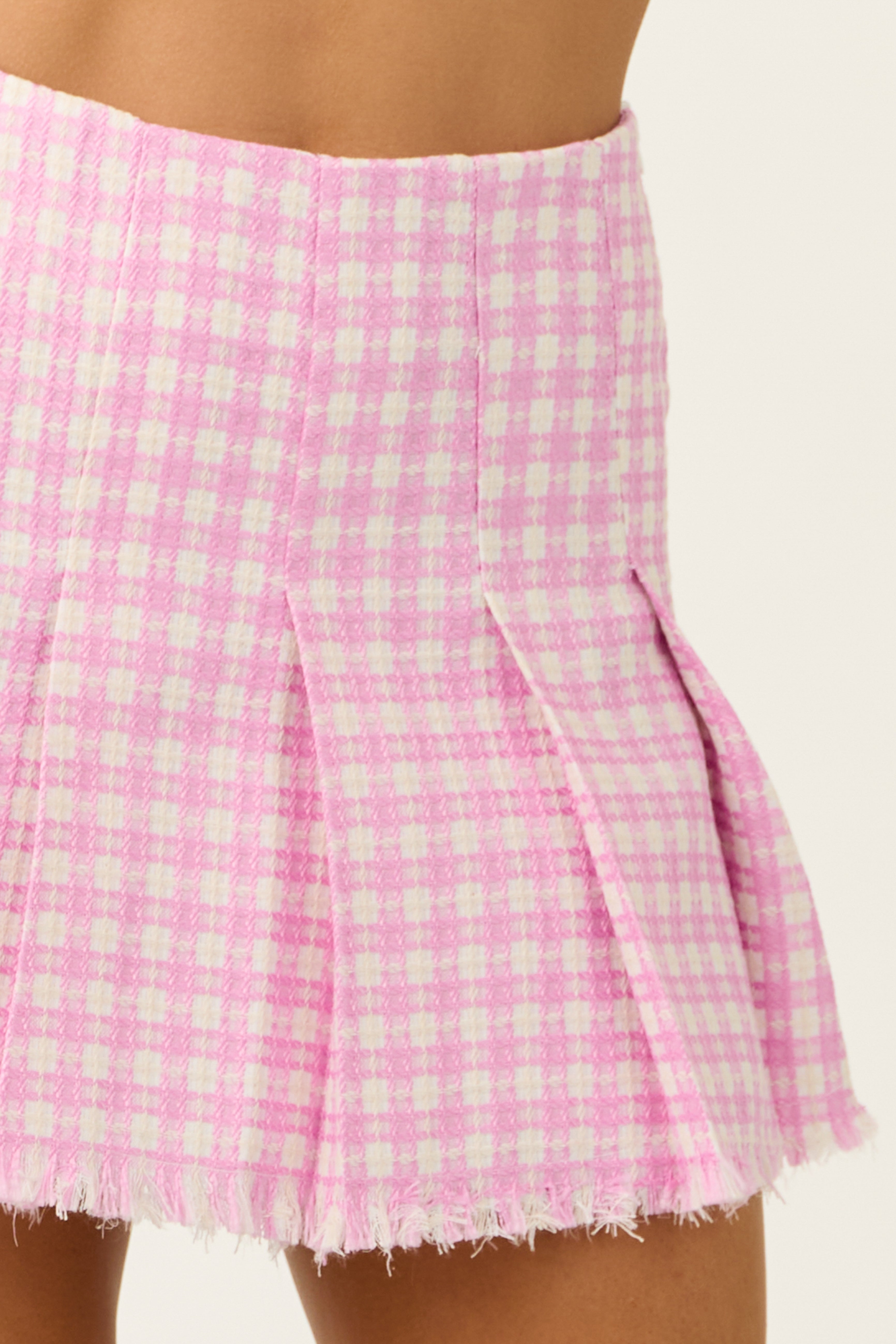 Fuchsia Plaid Tweed Frayed Hem Mini Skirt Lime Lush Boutique