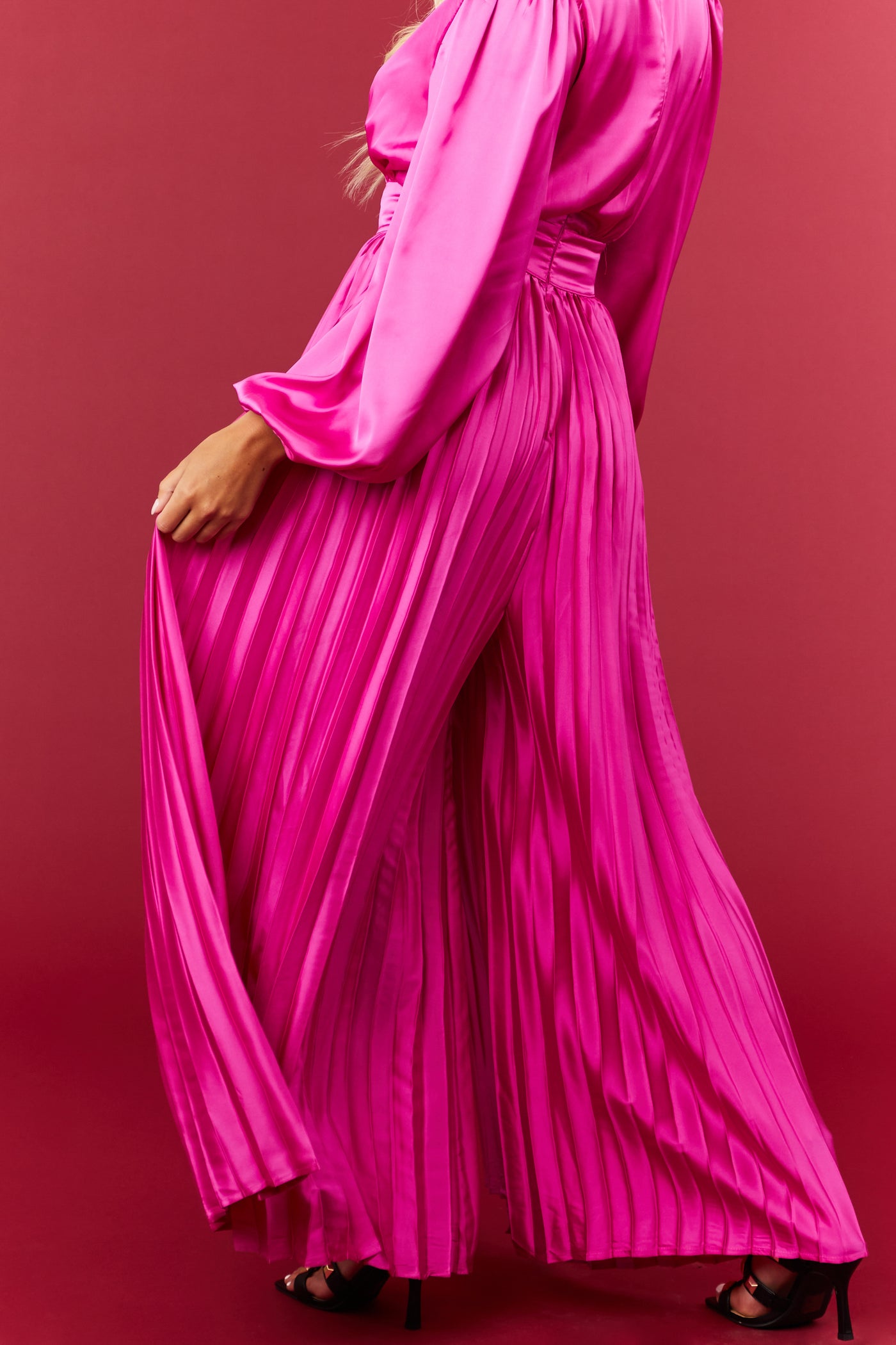 Flying Tomato Fuchsia Pleated Leg Long Puff Sleeve Jumpsuit