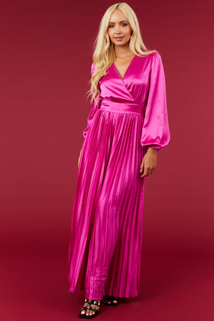 Flying Tomato Fuchsia Pleated Leg Long Puff Sleeve Jumpsuit