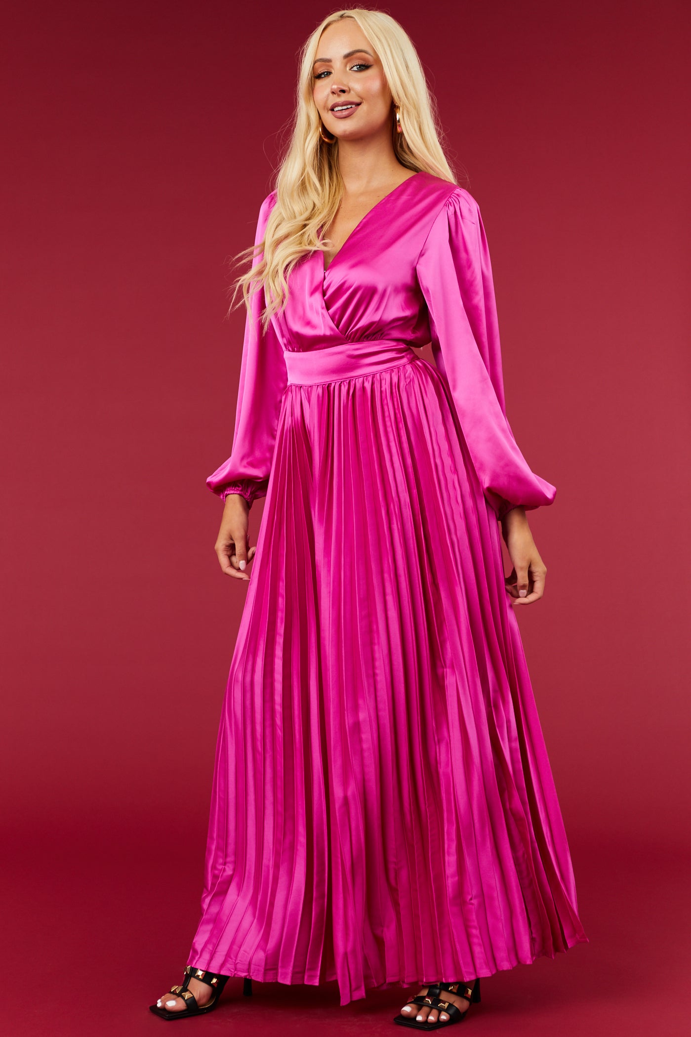 Flying Tomato Fuchsia Pleated Leg Long Puff Sleeve Jumpsuit