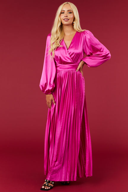 Flying Tomato Fuchsia Pleated Leg Long Puff Sleeve Jumpsuit