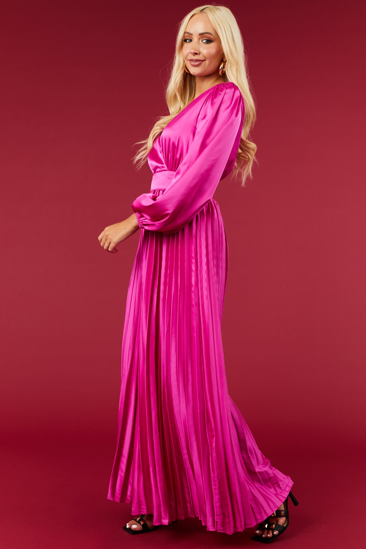 Flying Tomato Fuchsia Pleated Leg Long Puff Sleeve Jumpsuit