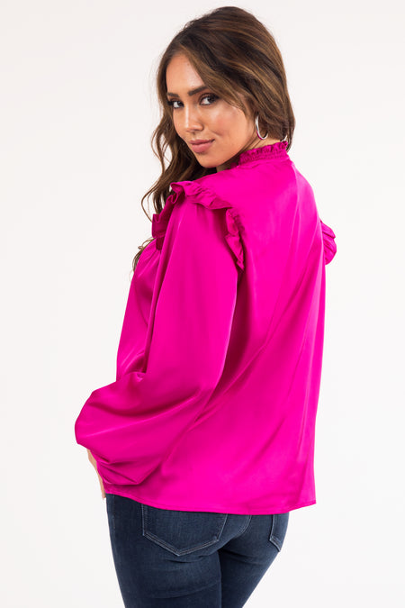 Fuchsia Ruffle Satin Long Sleeve Blouse