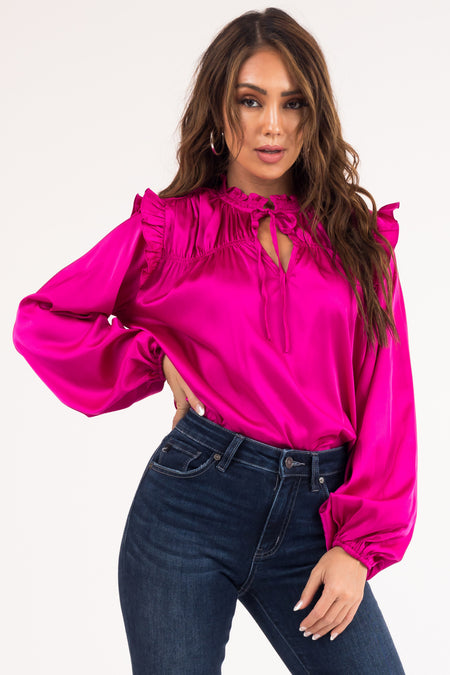 Fuchsia Ruffle Satin Long Sleeve Blouse