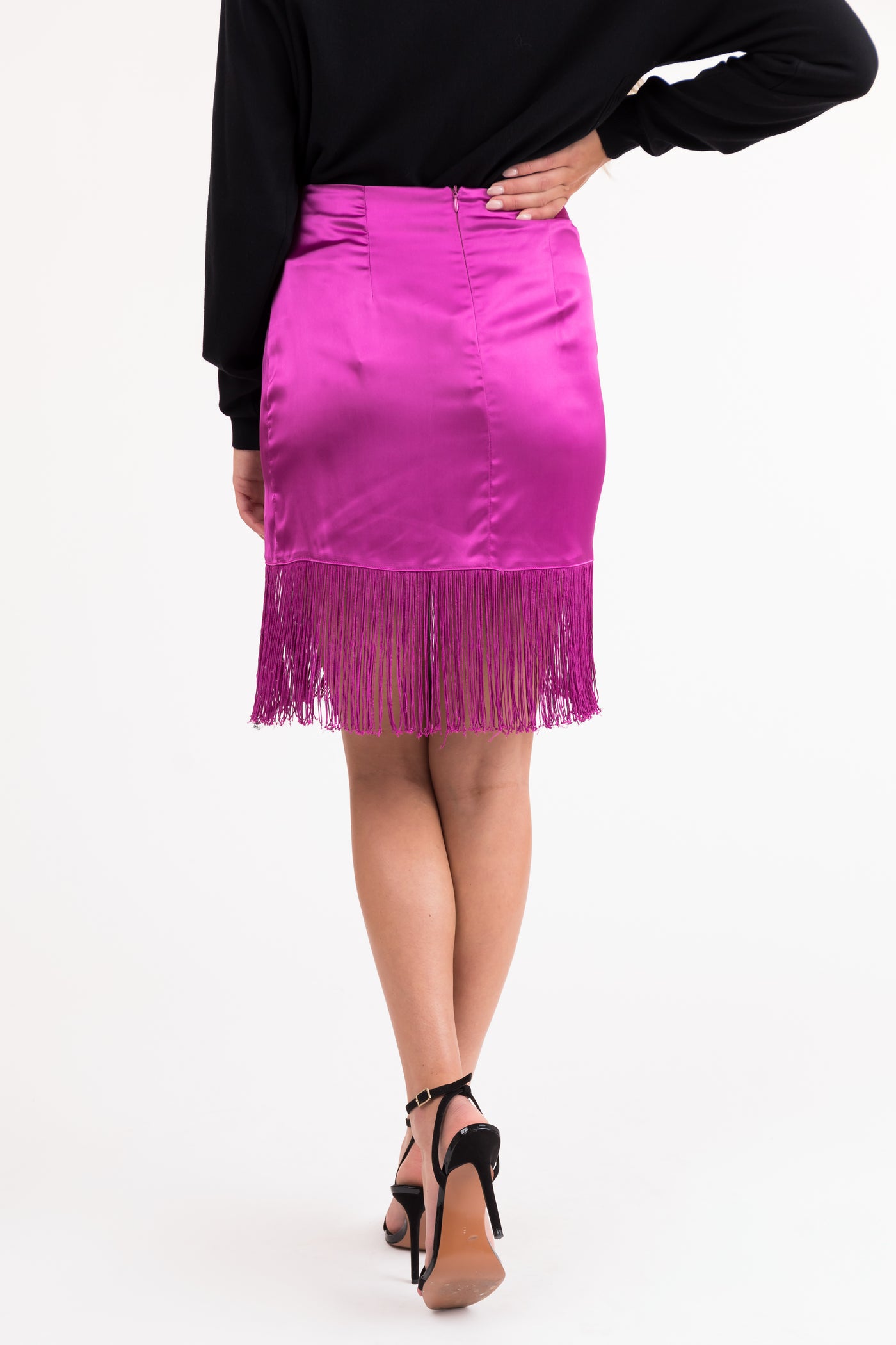 Fuchsia Satin Mini Skirt with Fringe