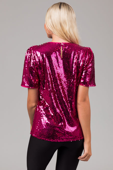 Fuchsia Short Sleeve Sequined Top