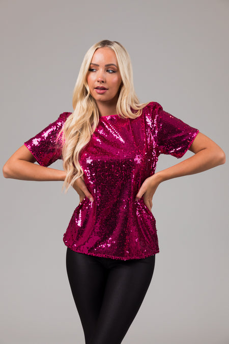 Fuchsia Short Sleeve Sequined Top