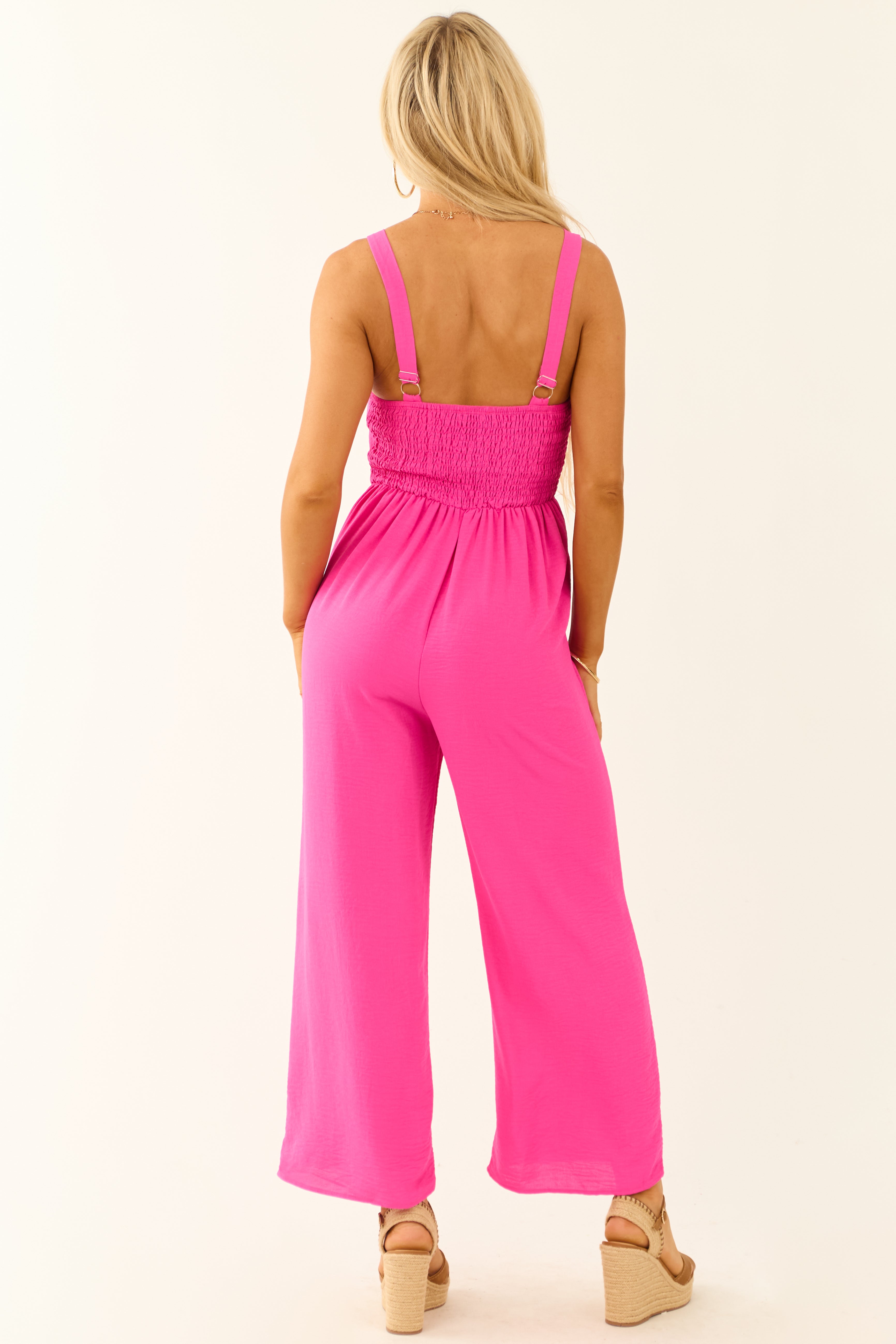 Fuchsia Sleeveless Wide Leg Smocked Jumpsuit