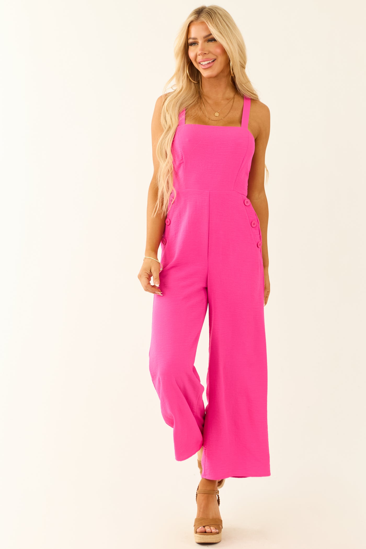 Fuchsia Sleeveless Wide Leg Smocked Jumpsuit