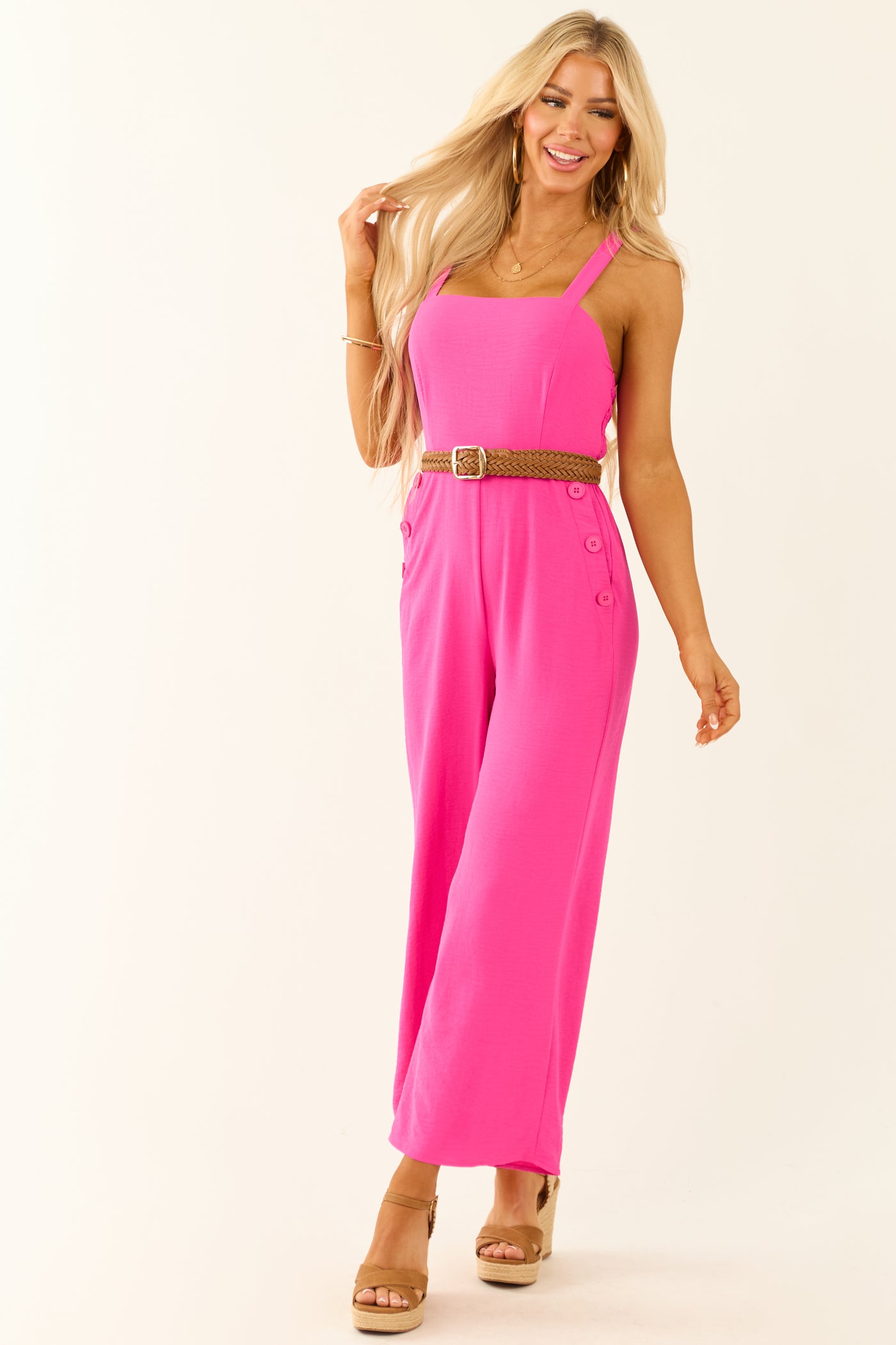 Fuchsia Sleeveless Wide Leg Smocked Jumpsuit