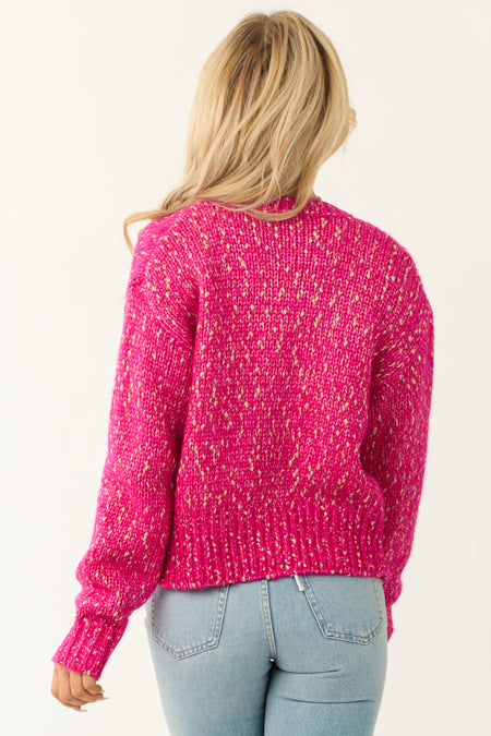 Fuchsia Speckled Yarn Knit Button Up Thick Cardigan