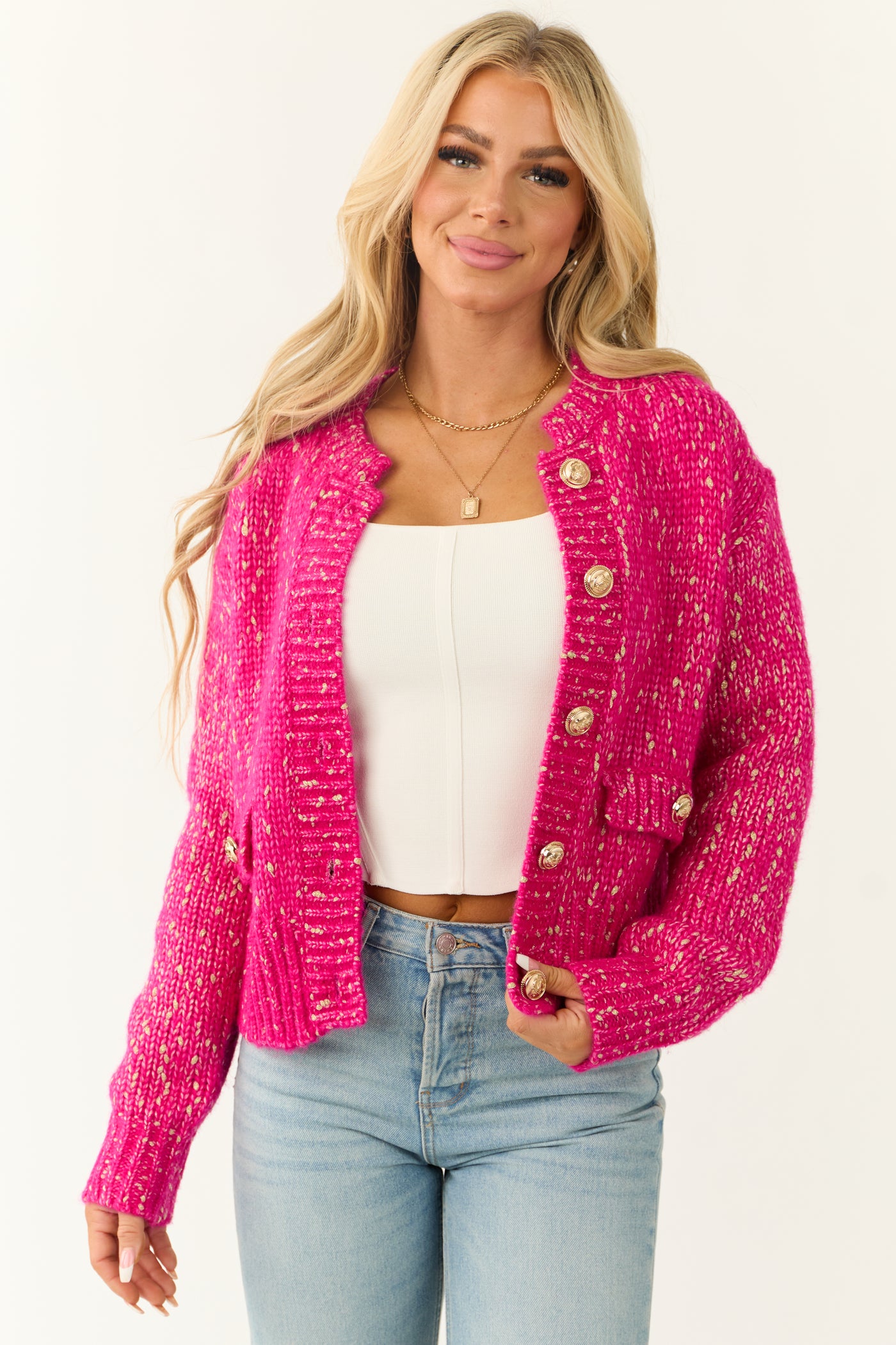 Fuchsia Speckled Yarn Knit Button Up Thick Cardigan