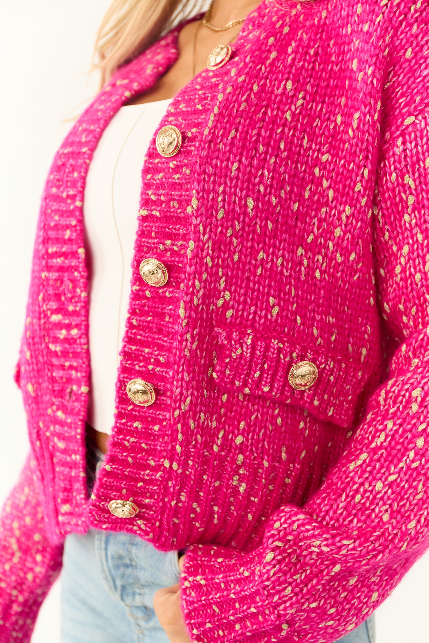 Fuchsia Speckled Yarn Knit Button Up Thick Cardigan