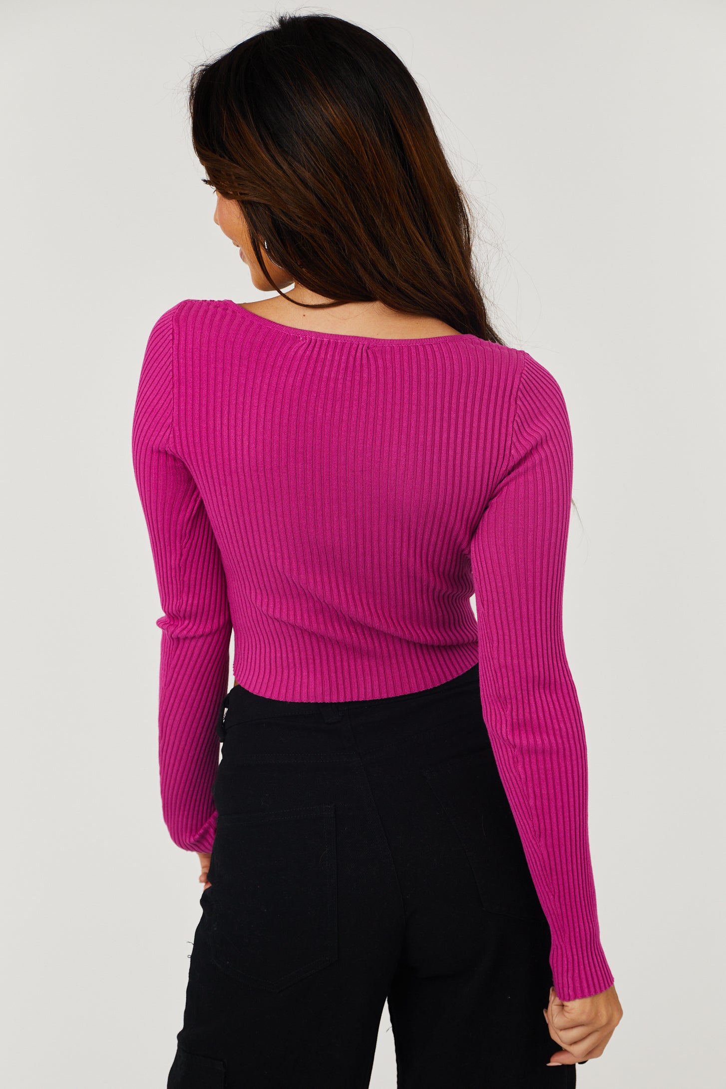 Fuchsia Sweetheart Neck Cropped Ribbed Knit Top