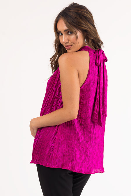 Fuchsia Textured Satin Halter Tank Top