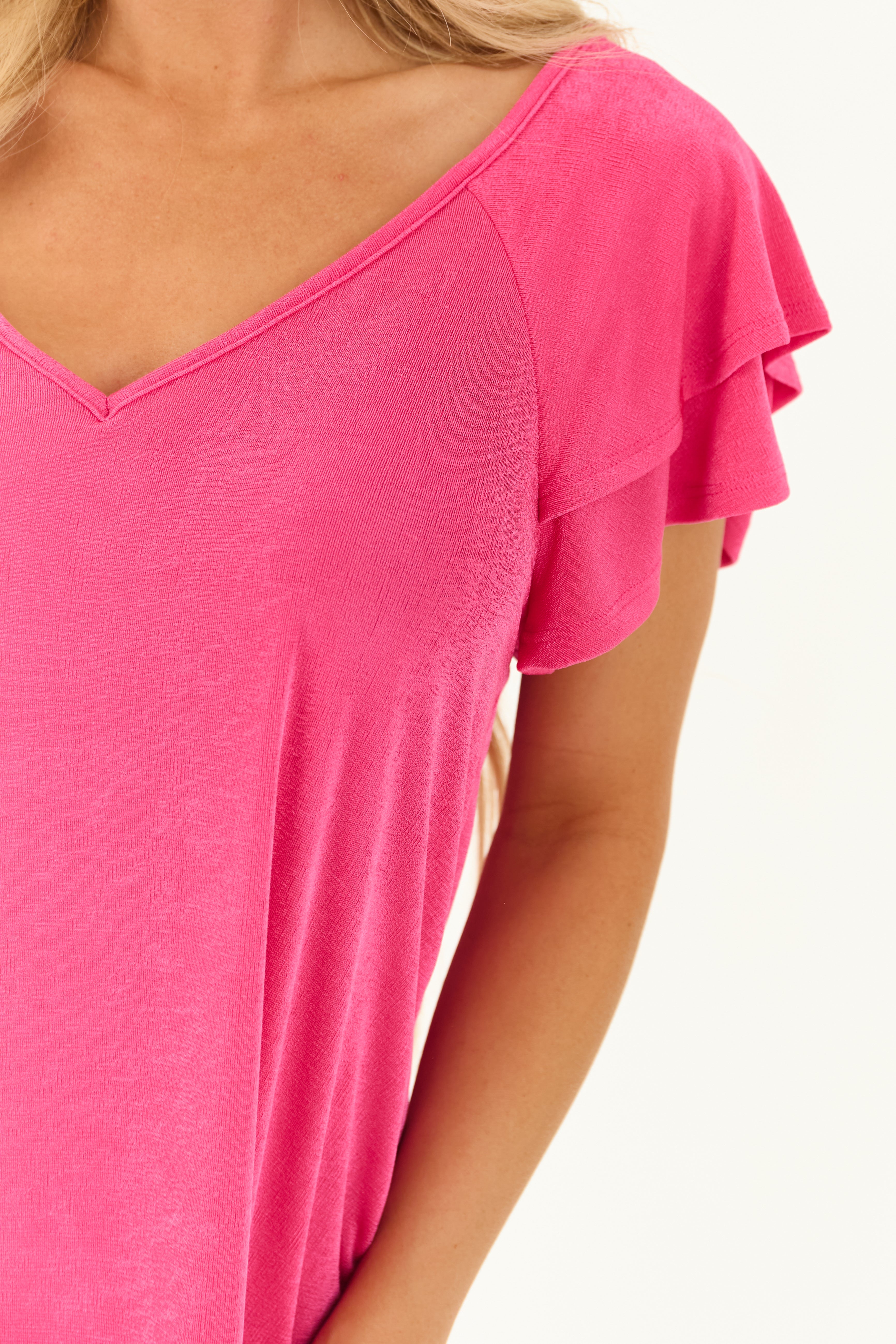 Fuchsia Tiered Ruffle Short Sleeve V Neck Top