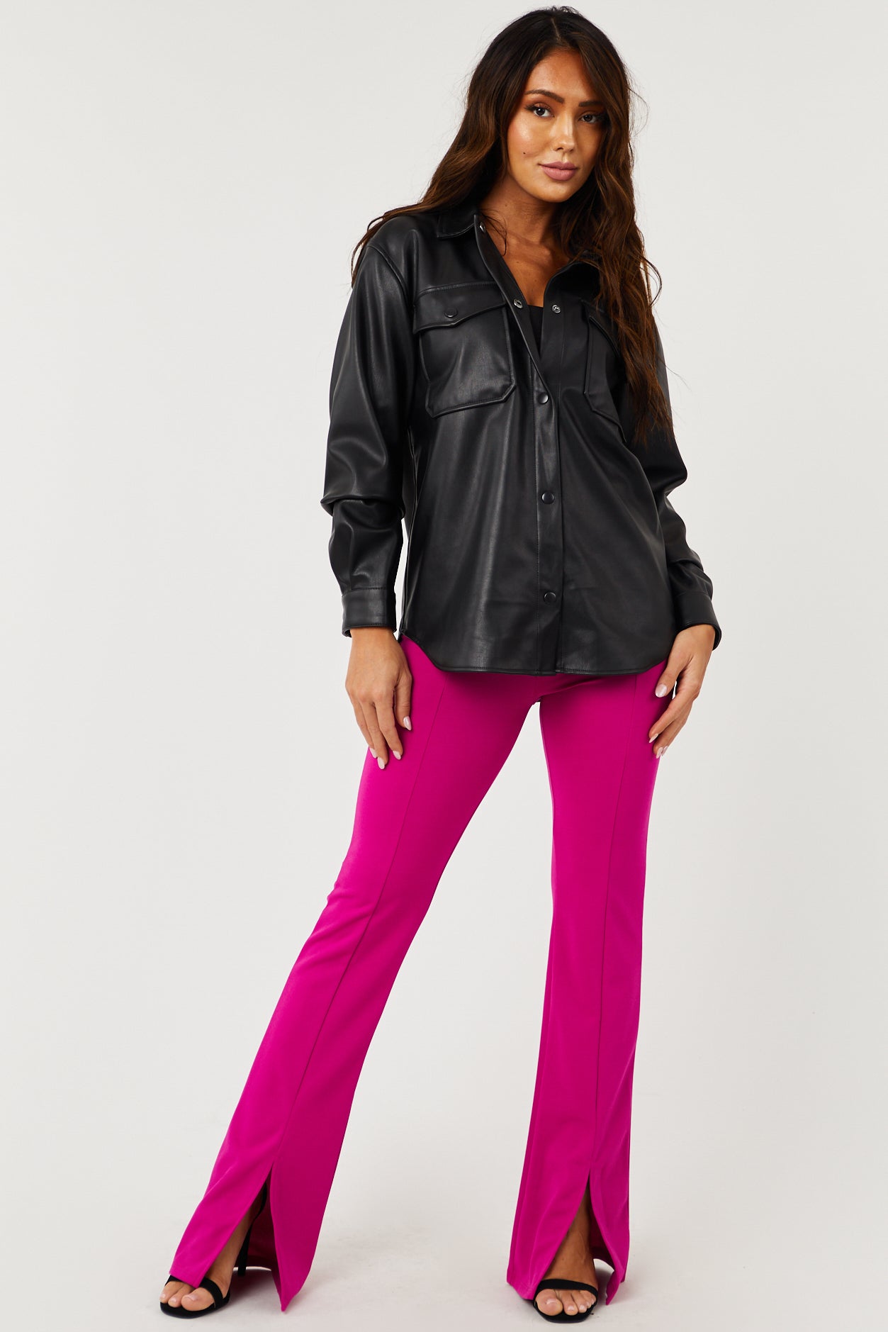 Fuchsia Vertical Seam Slit Flare Elastic Pants