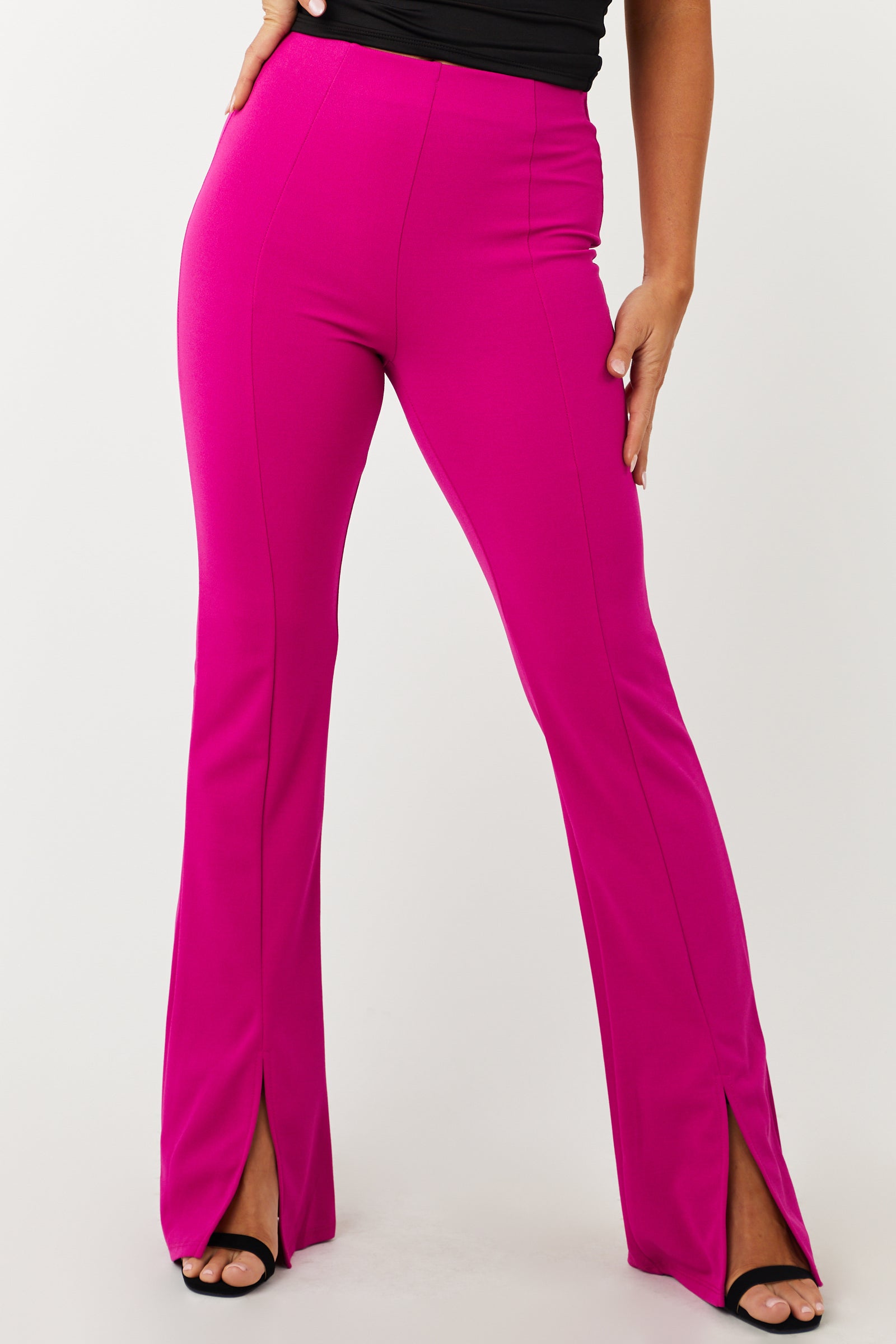 Fuchsia Vertical Seam Slit Flare Elastic Pants