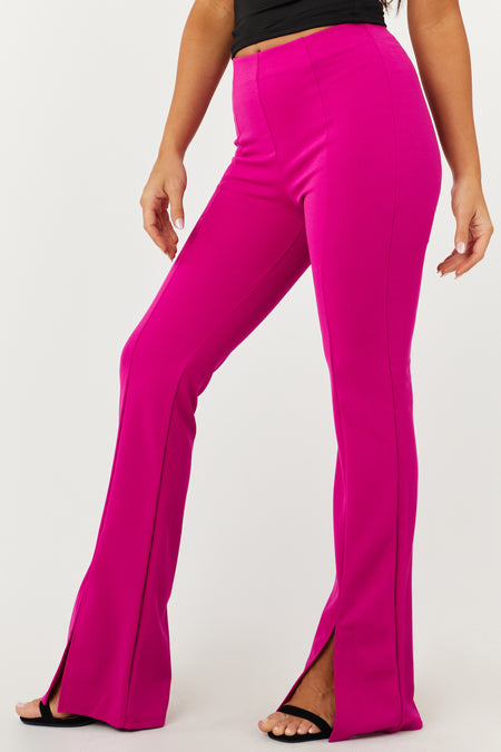 Fuchsia Vertical Seam Slit Flare Elastic Pants