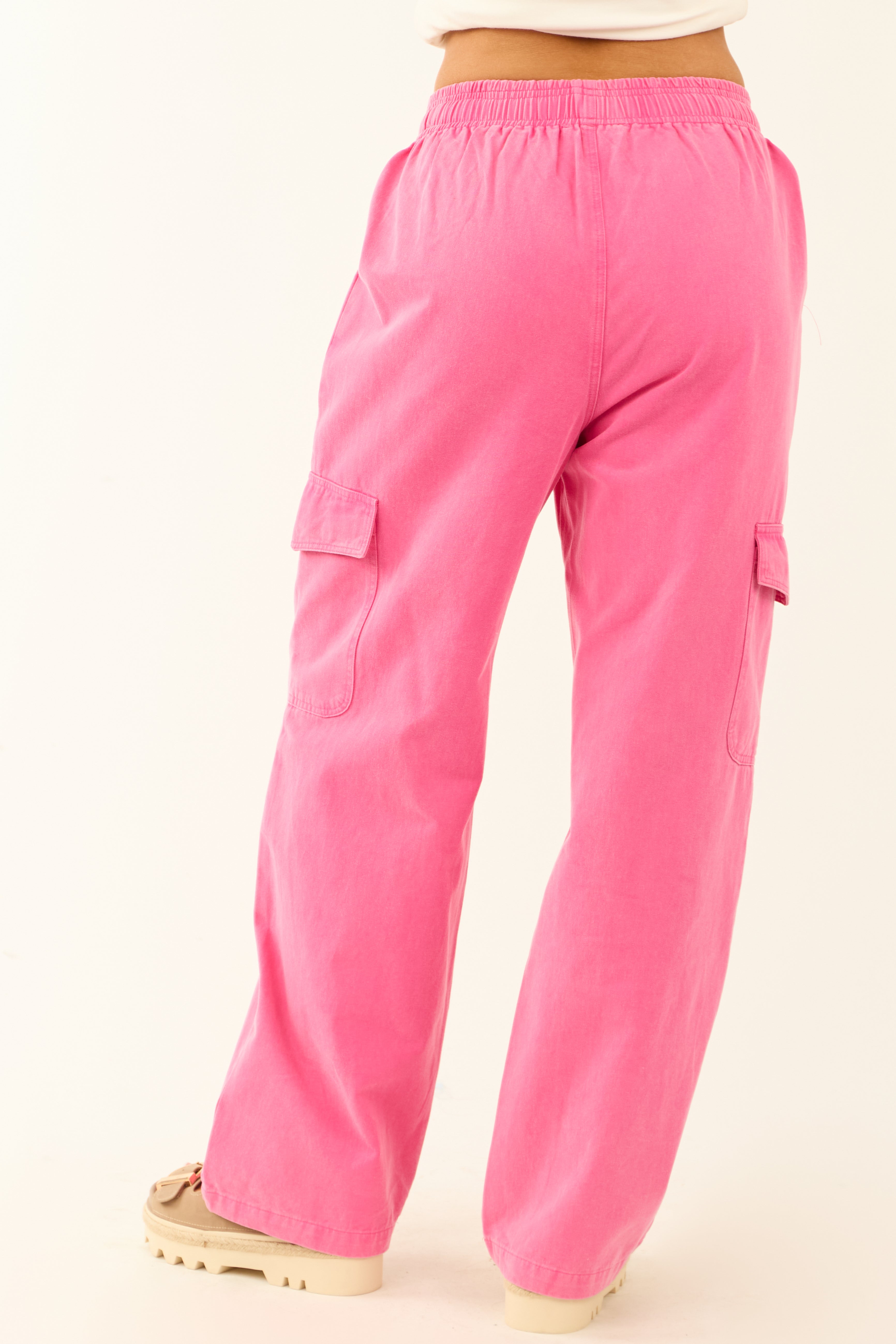 Fuchsia Washed Denim Wide Leg Cargo Pants