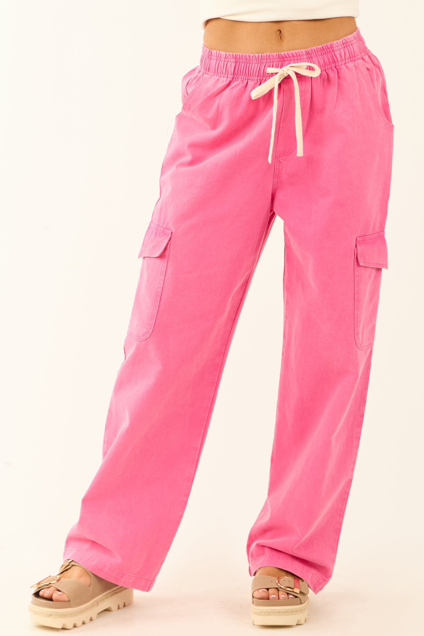 Fuchsia Washed Denim Wide Leg Cargo Pants