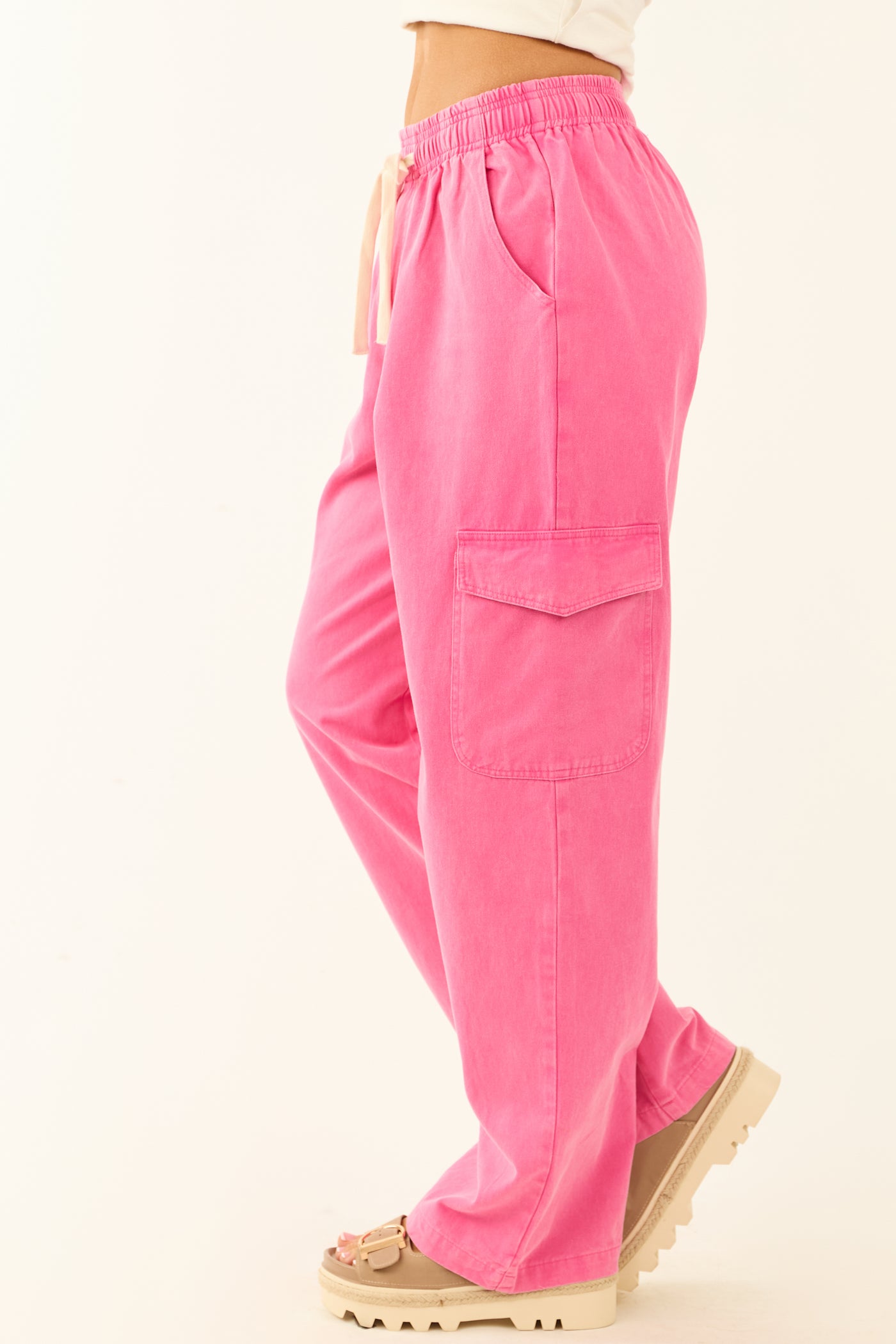 Fuchsia Washed Denim Wide Leg Cargo Pants