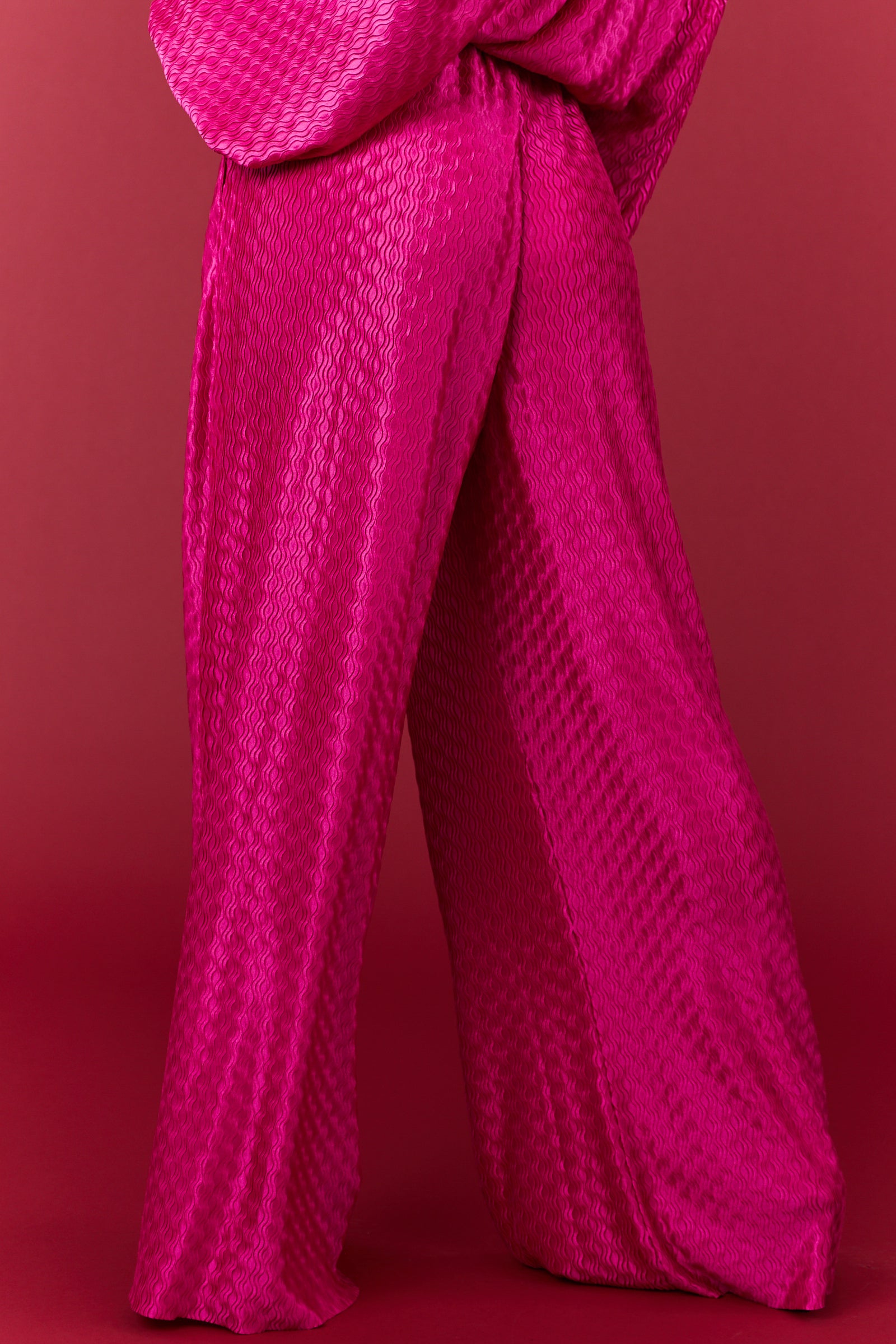 Flying Tomato Fuchsia Wavy Texture Wide Leg Satin Pants