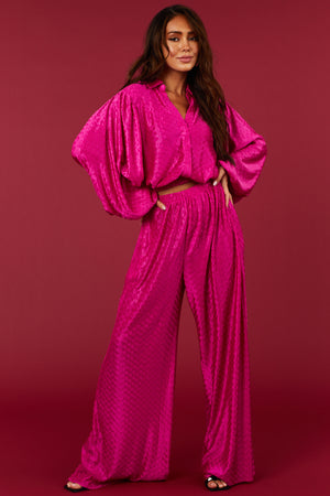 Fuchsia Wavy Texture Wide Leg Satin Pants