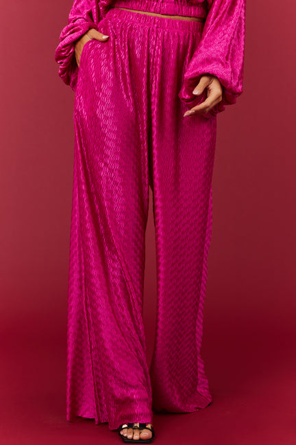 Fuchsia Wavy Texture Wide Leg Satin Pants