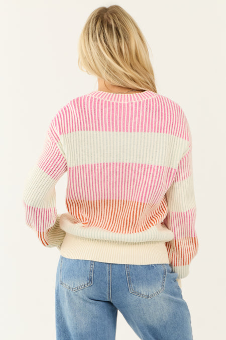 Fuchsia and Cream Striped Long Sleeve Sweater