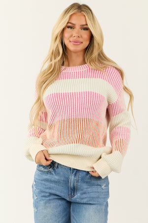 Fuchsia and Cream Striped Long Sleeve Sweater