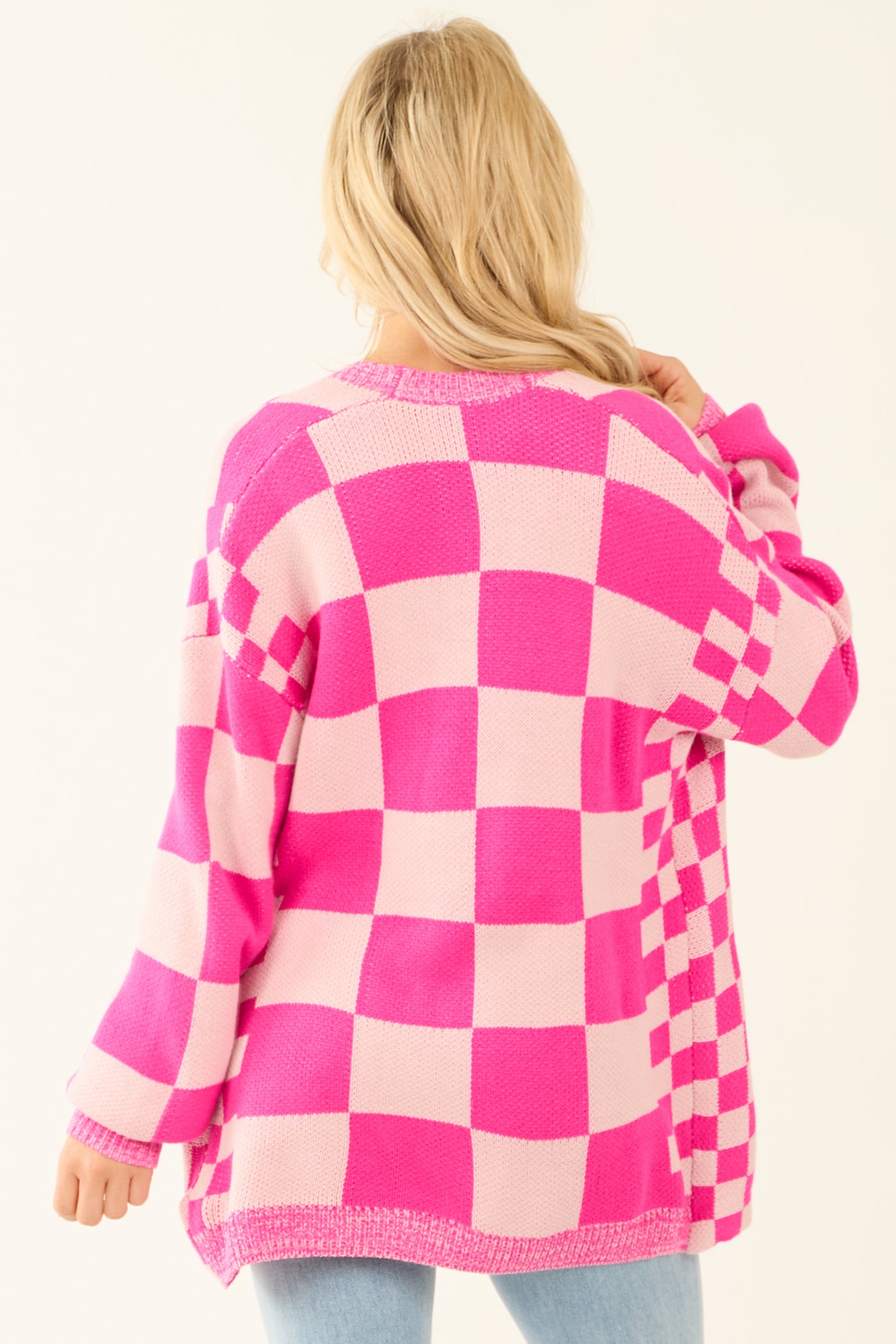 Fuchsia and Dusty Blush Checkerboard Cardigan